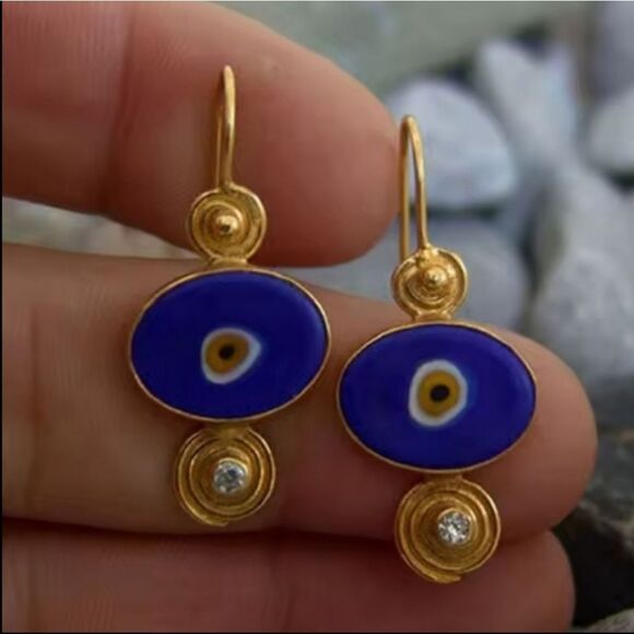 New ANTHRO Blue and Gold Abstract Evil Eye ProctectionDangle Earrings - Picture 2 of 7